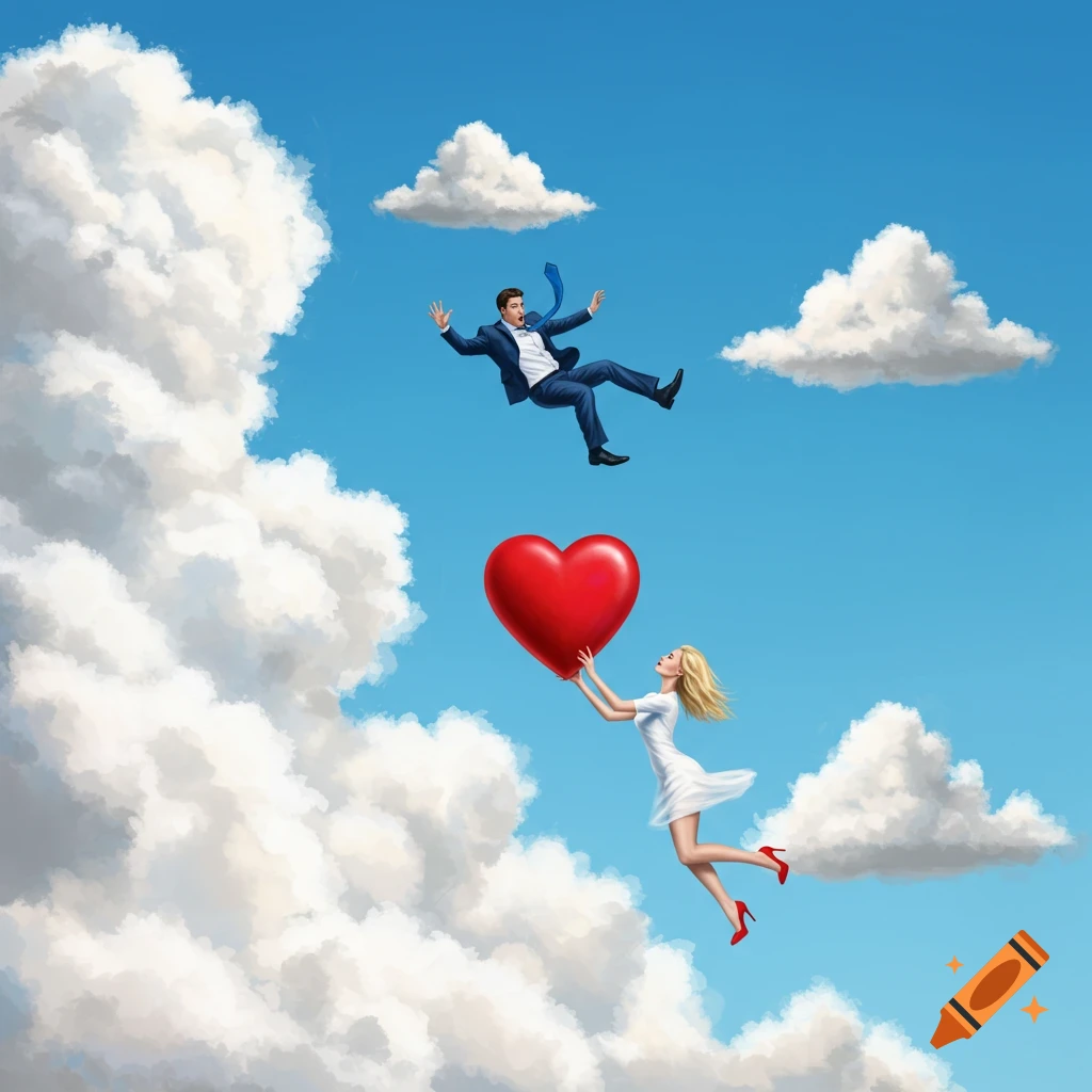 A man falling from clouds while a woman floats up holding a large red heart