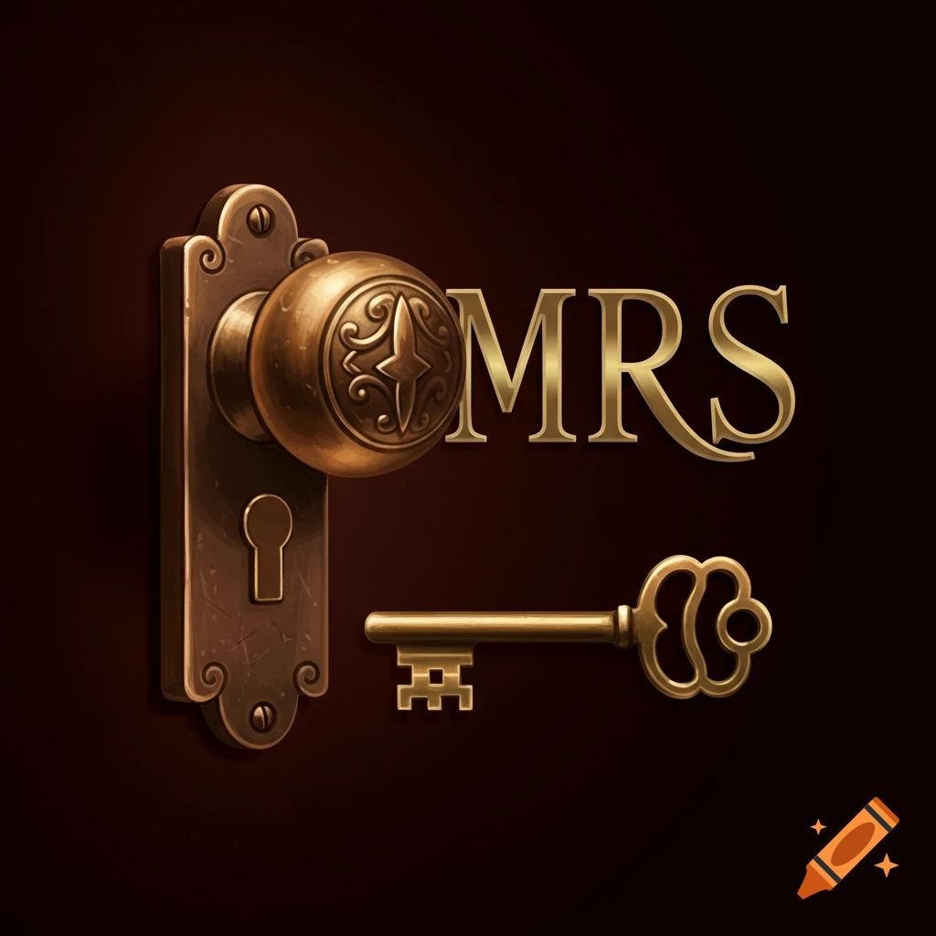 Golden door handle and key with the text MRS. Digital illustration style.