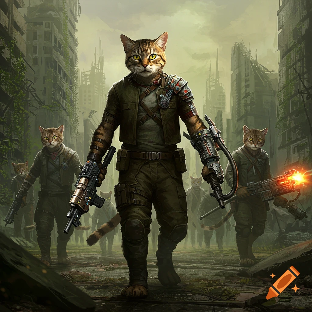 Humanoid cats in military gear hold weapons in post-apocalyptic ruins.