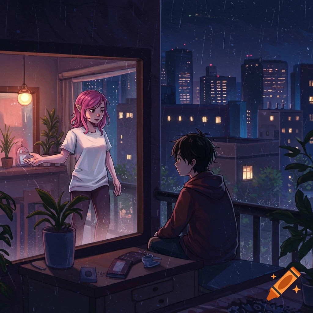 Anime illustration of two people in an apartment during a rainy night cityscape.