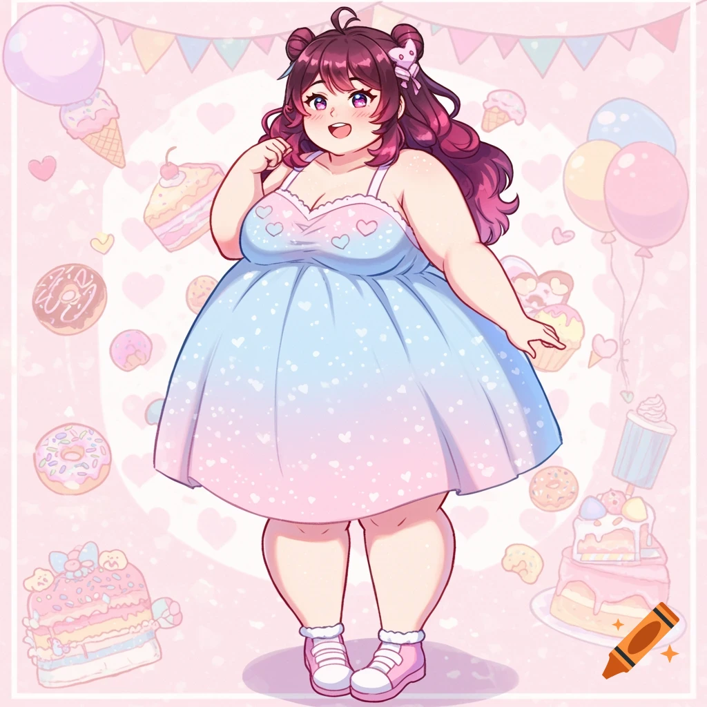 An anime style plus-size girl in a pastel dress smiles, surrounded by colorful desserts and balloons.