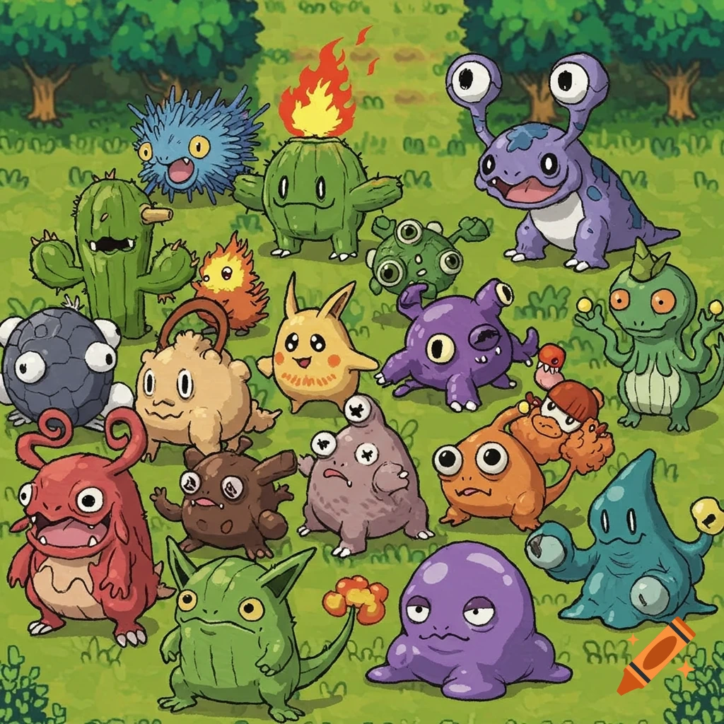 Colorful cartoon monsters resembling Pokemon ripoffs standing on a grassy hill.