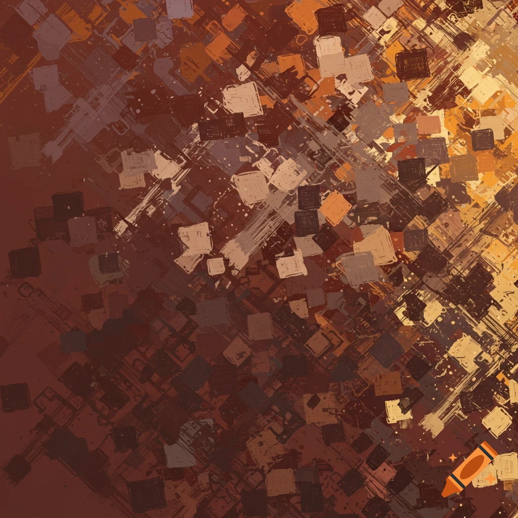 Abstract with overlapping brown, orange, and grey squares and lines.