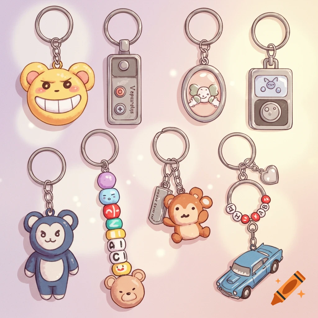 Various keychains with cartoon characters, objects, and beads. on Craiyon