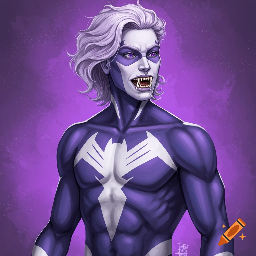 A superhero with purple and white skin, fangs, and purple eyes against a purple background.