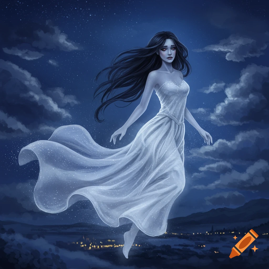 A female spirit floats in a white dress against a starry night sky.