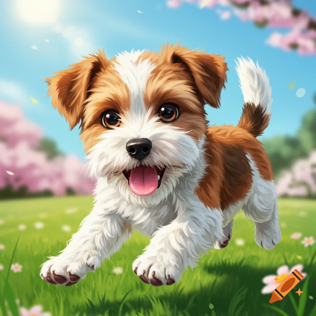 Cute puppy running through a park with cherry blossoms.