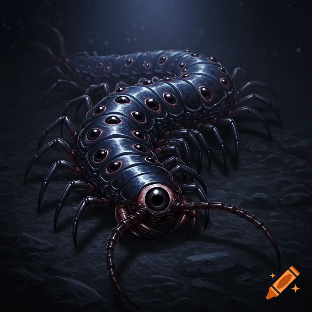 A dark centipede creature covered in many eyes.