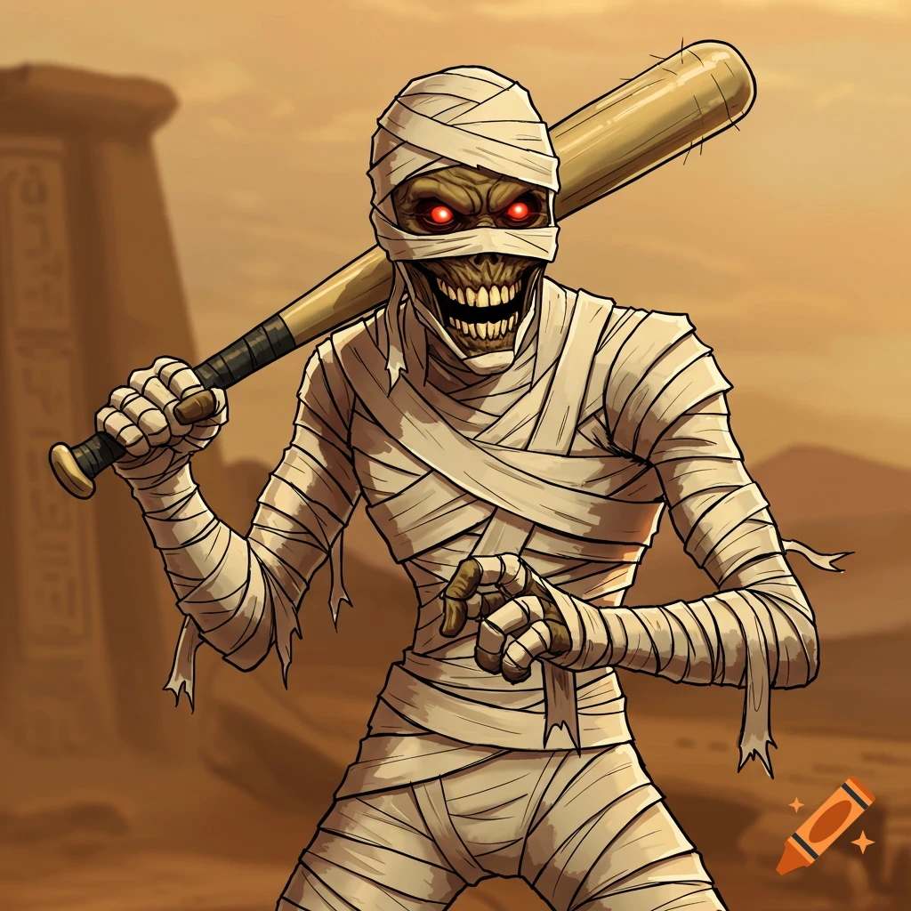 A cartoonish mummy with glowing red eyes holds a baseball bat in a desert landscape.