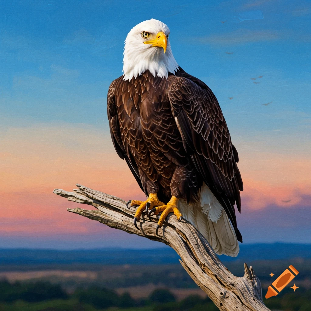A bald eagle perched on a branch against a sunset sky.