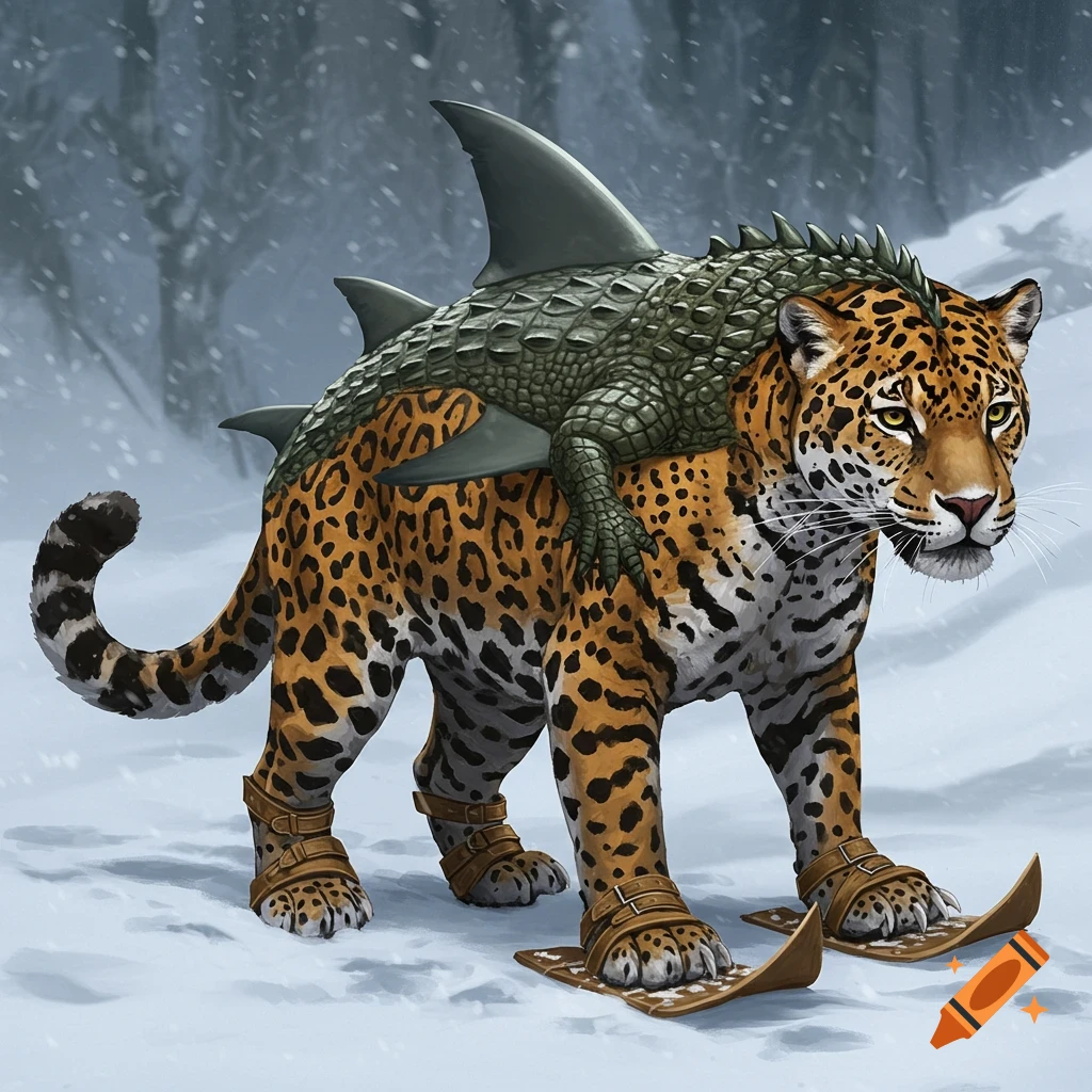 A fantasy jaguar creature with alligator skin and shark fins, wearing skis and goggles in the snow.
