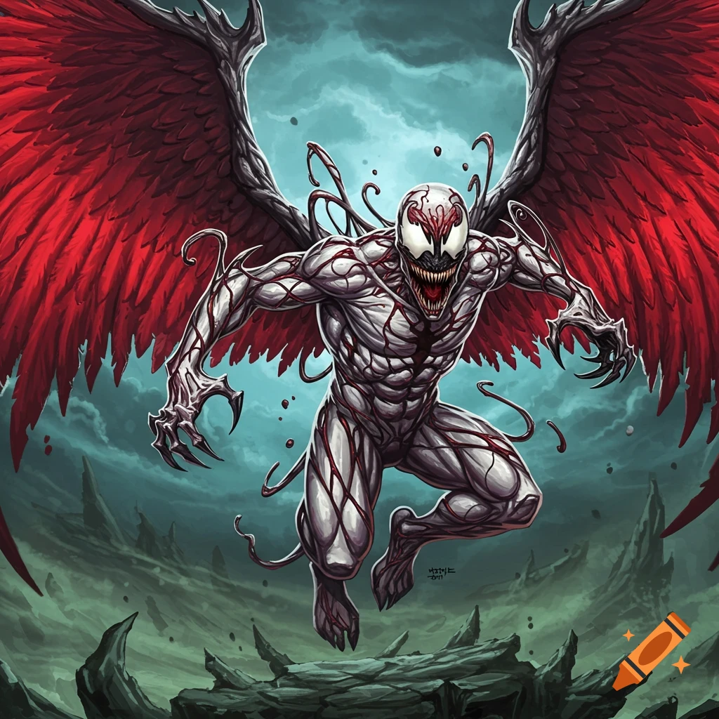 An angelic Carnage symbiote with red wings leaps over rocks under a cloudy sky.