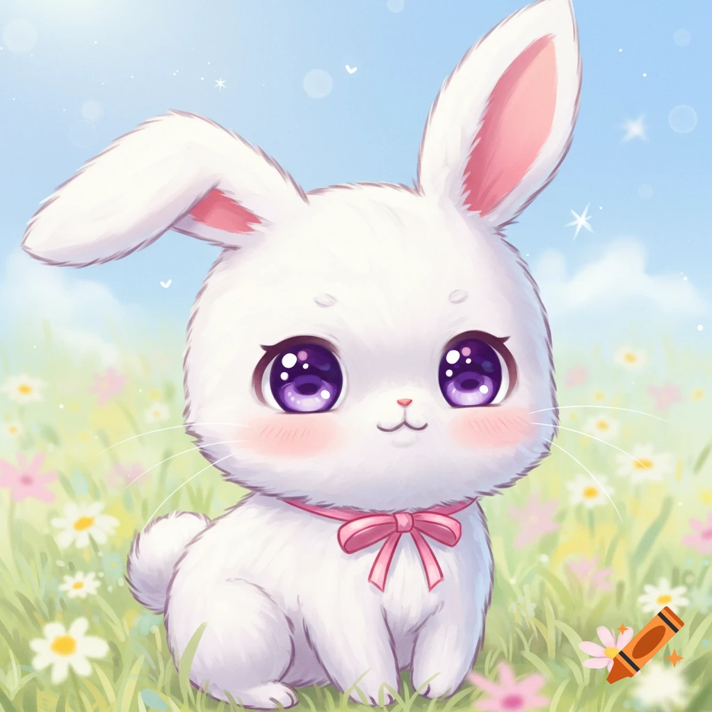 Cute anime bunny with purple eyes and pink ribbon in a flowery field illustration.