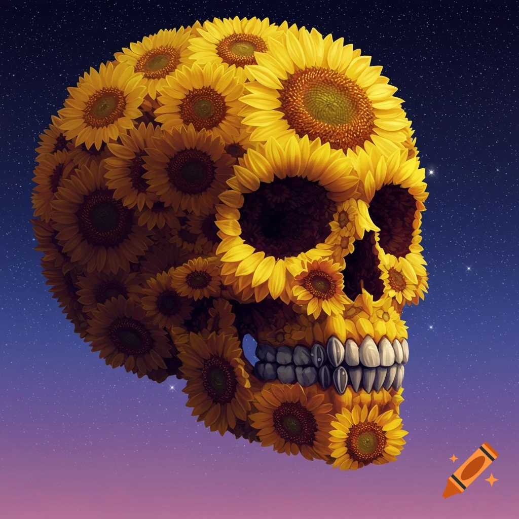 A skull made of sunflowers floats in a starry night sky.