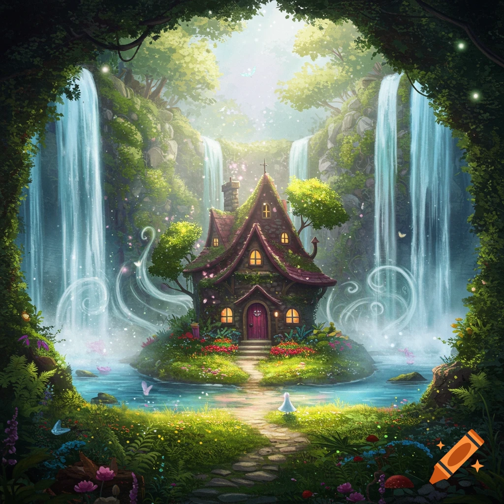 A magical house nestled between waterfalls in a lush, dreamy landscape.