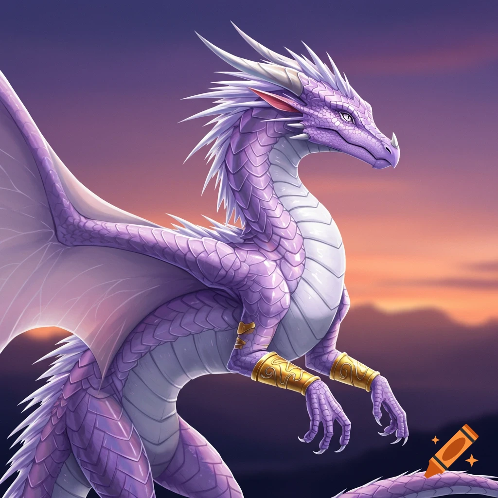 A purple dragon with gold armbands looks right against a sunset background.