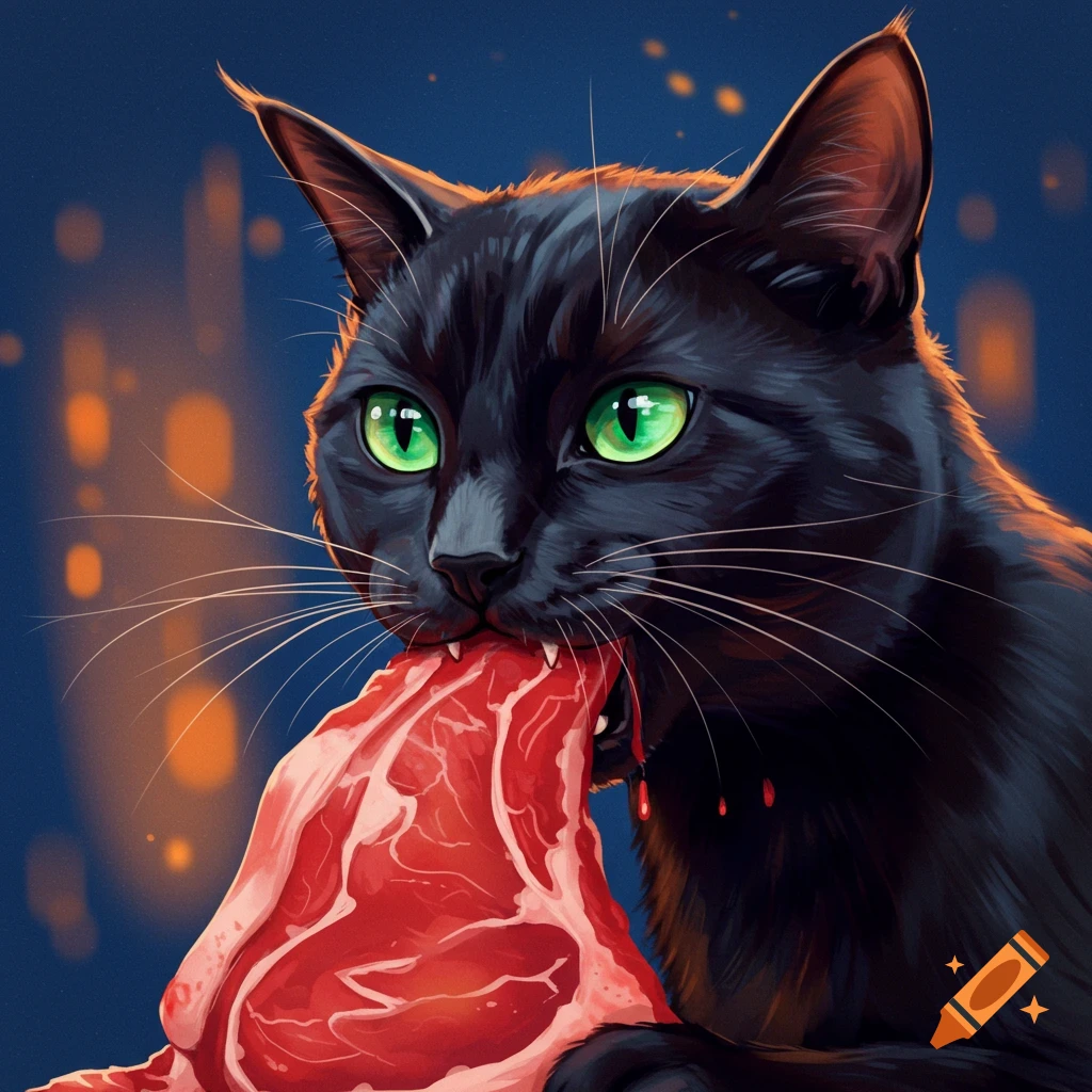 A black cat eating a large piece of raw meat with bright green eyes.