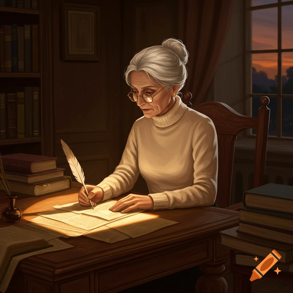 An older woman with silver hair writing with a quill pen at a desk filled with papers and books.