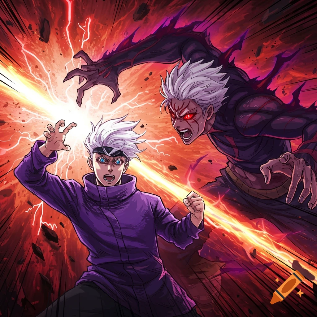 Anime style illustration of two characters battling with energy and debris, one in purple the other with dark spikes