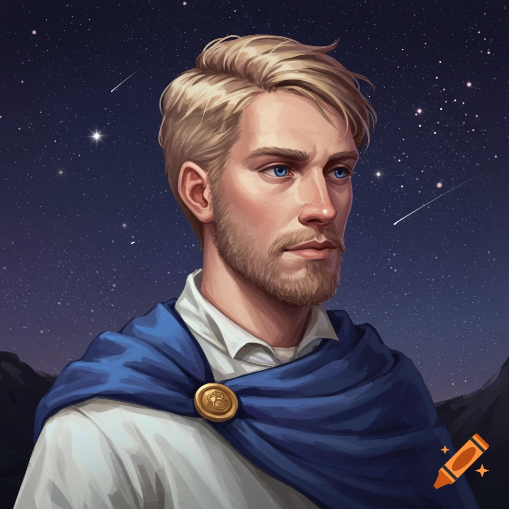 A man in a blue cloak looking at a starry night sky.