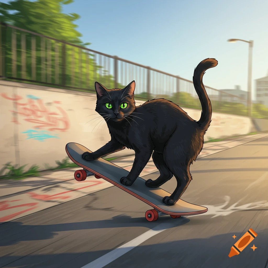 A black cat skateboarding down a street next to a graffiti wall.