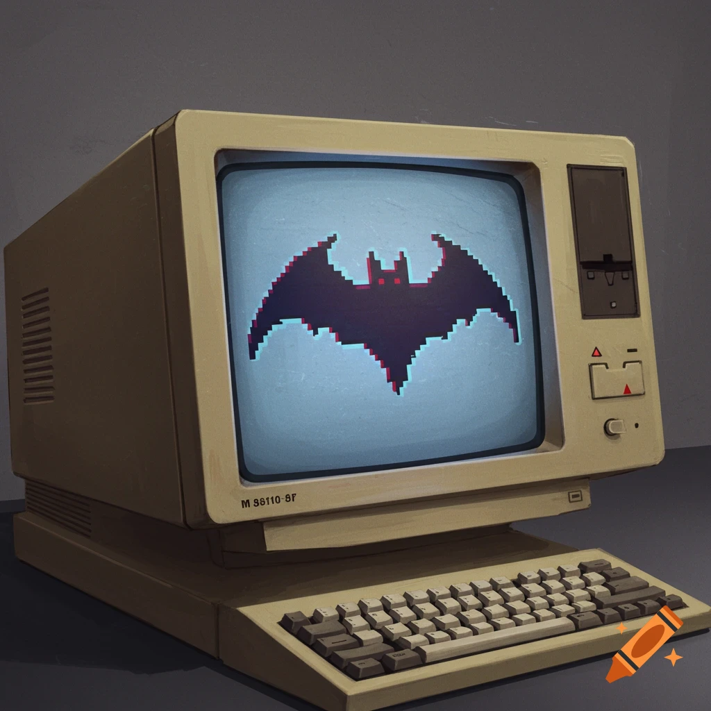 Vintage CRT computer monitor displaying a pixelated bat logo.