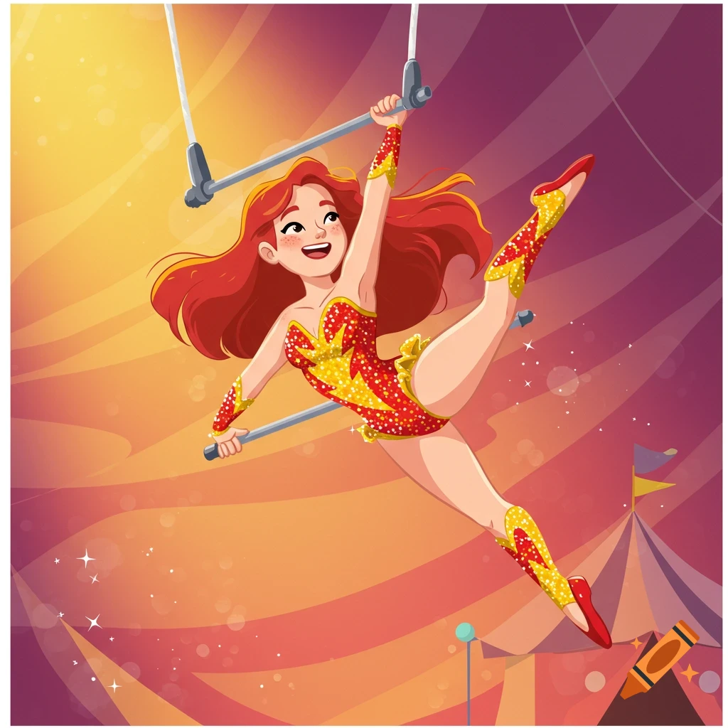 Cartoon of a female trapeze artist performing in a circus