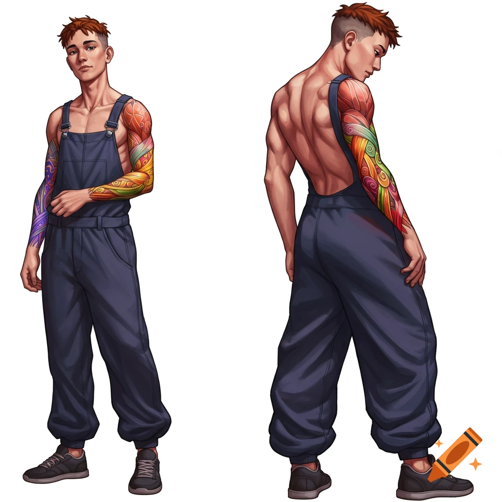 Two views of a muscular man in overalls with colorful arm tattoos.