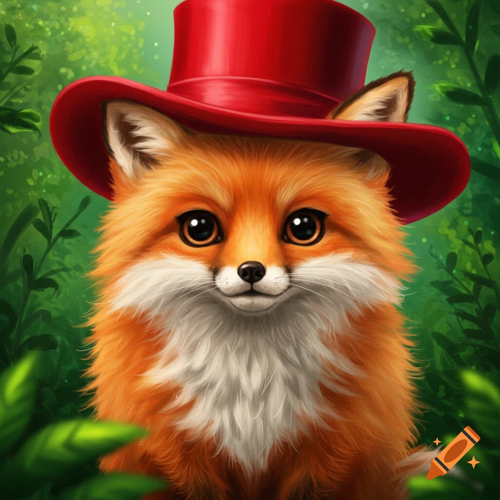A cute fox wearing a red top hat in a forest.