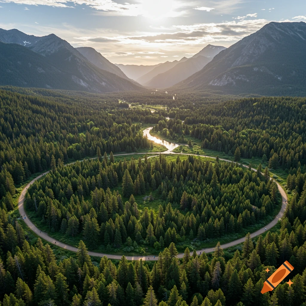 Aerial view of a circular path through a dense forest, with a river winding towards sunlit mountains in the distance.