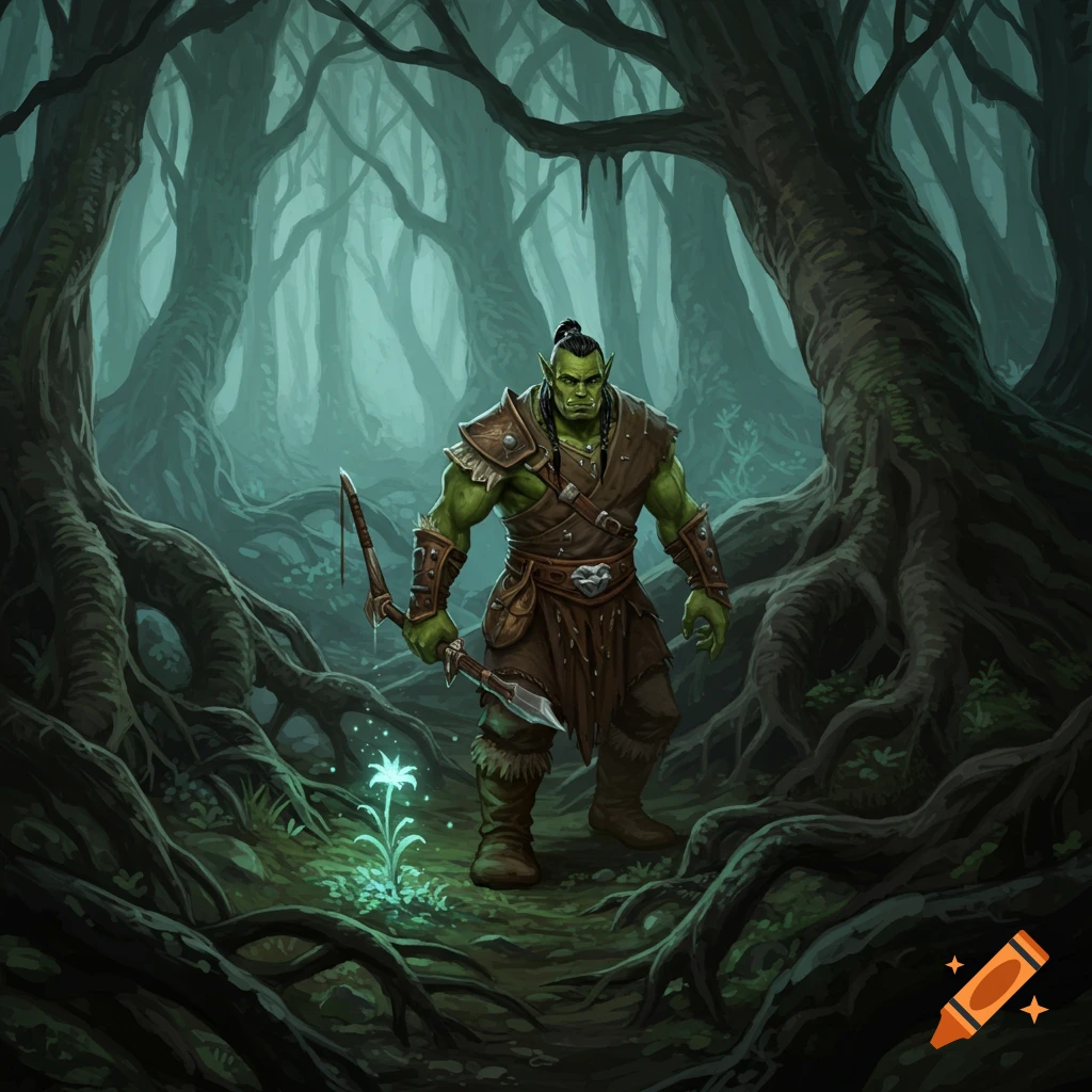 An orc shaman-warrior standing in a mystical, dark forest with gnarled roots and a glowing white flower.
