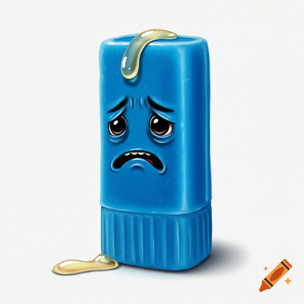 A sad blue gluestick with glue dripping from the top and pooling at the bottom.