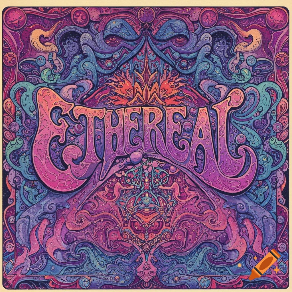 A vibrant, psychedelic design featuring abstract patterns in purple, blue, and pink, with the word "ETHEREAL" stylized as a band logo.