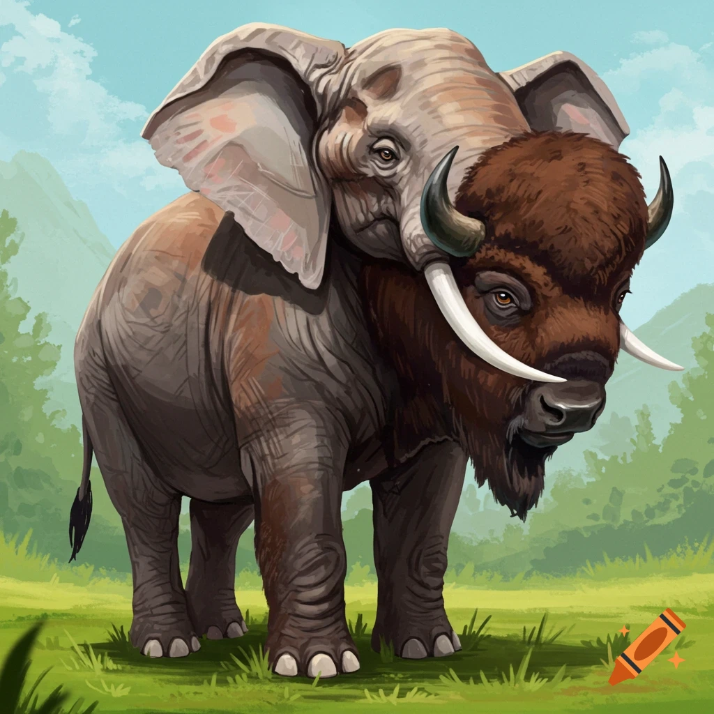 A hybrid creature, part elephant and part bison, standing in a grassy field.