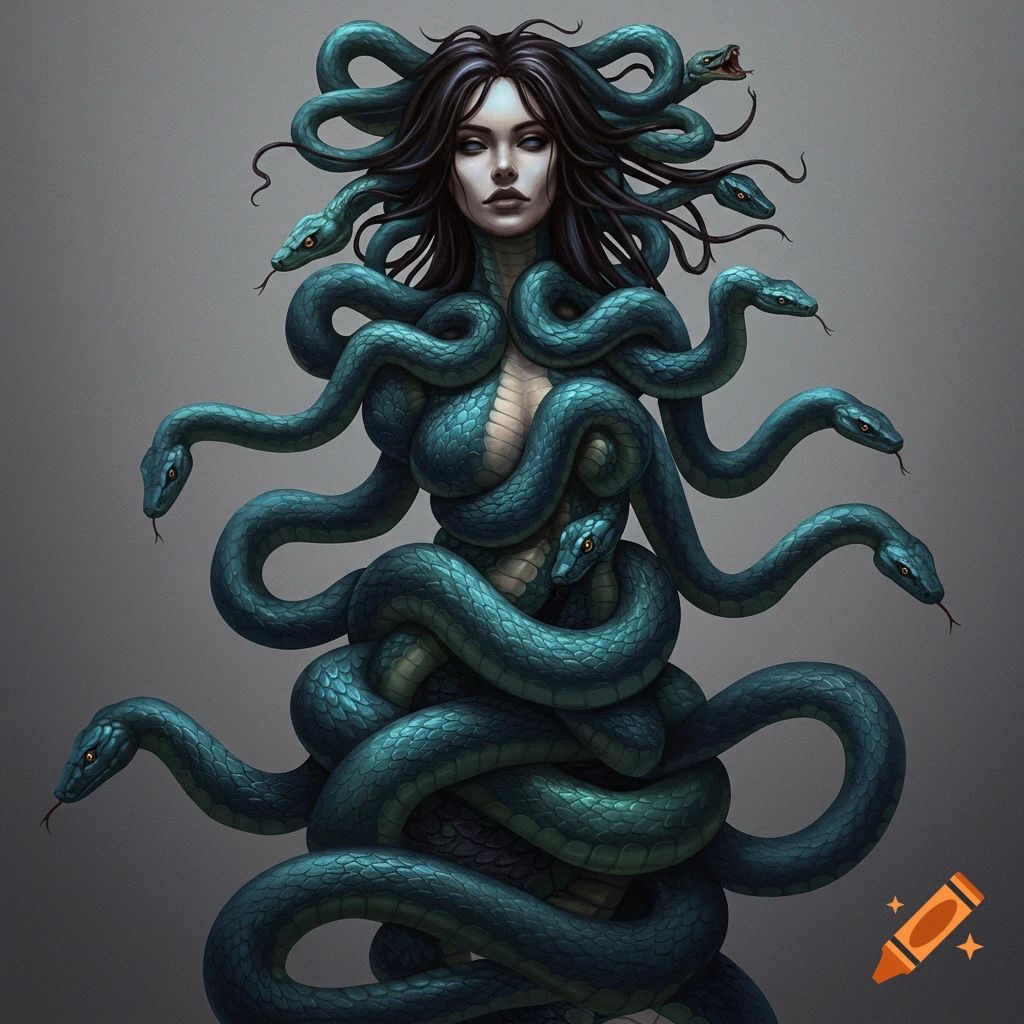 a woman merged with many intertwined snakes