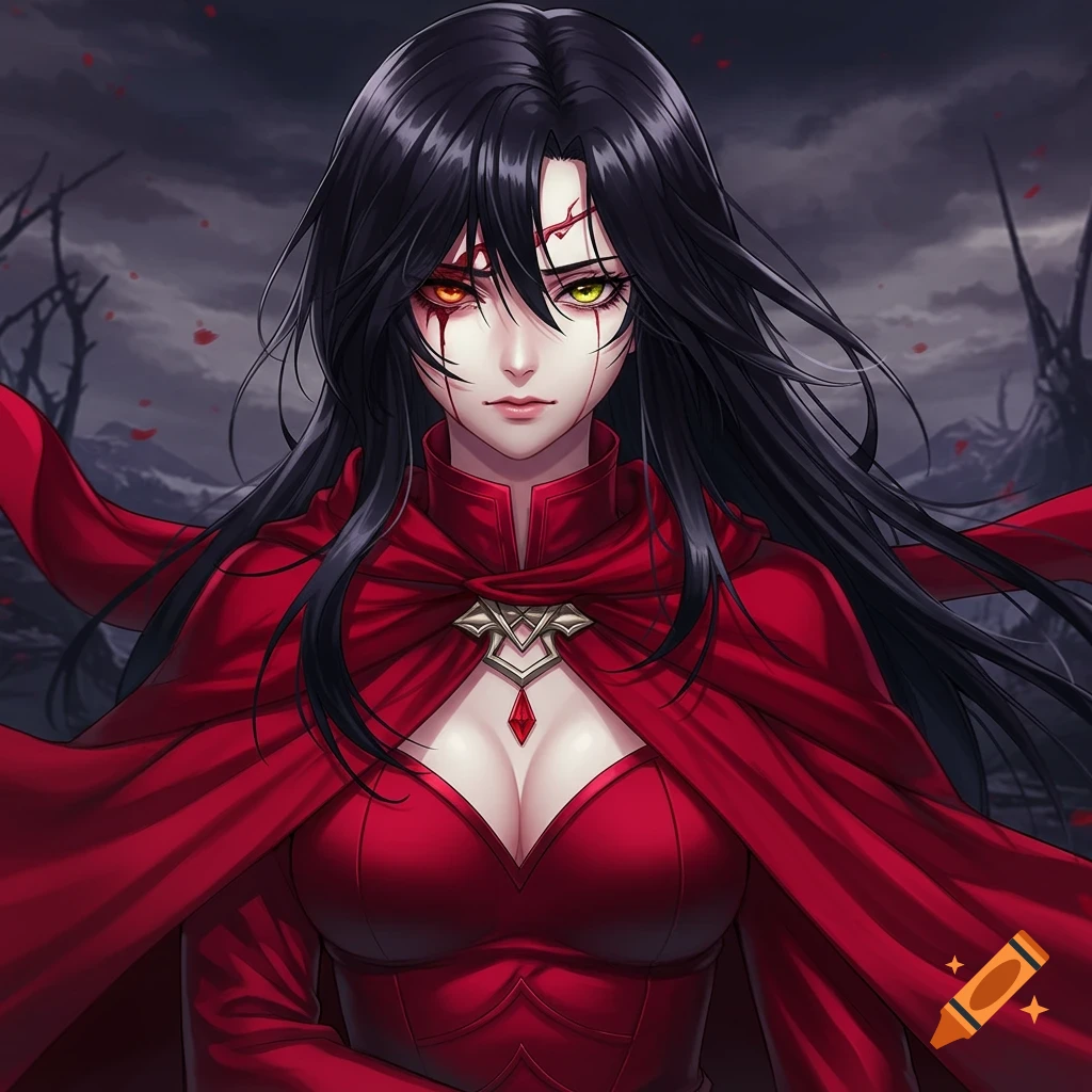 Anime woman with black hair, red cloak, glowing eyes, and facial marks against a dark sky.