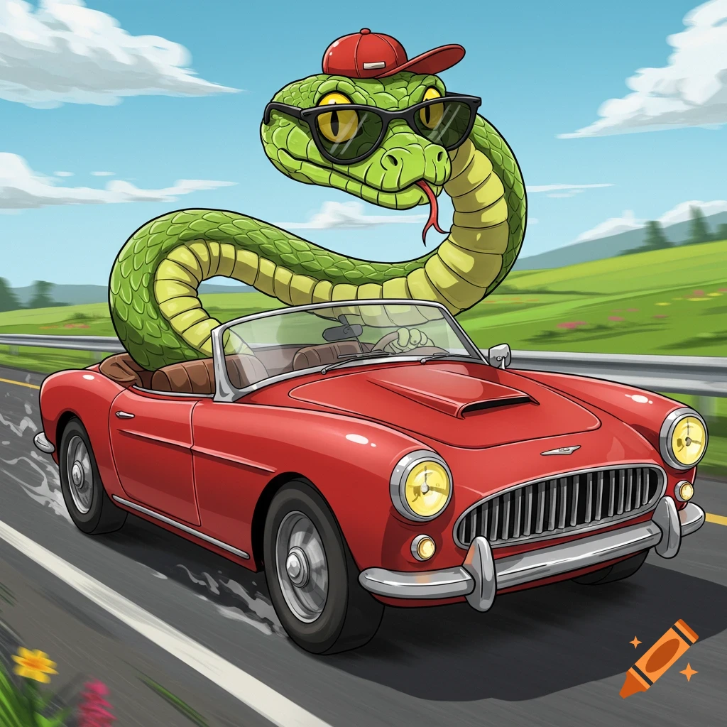 Cartoon snake wearing sunglasses and a hat, driving a red convertible car on a road.