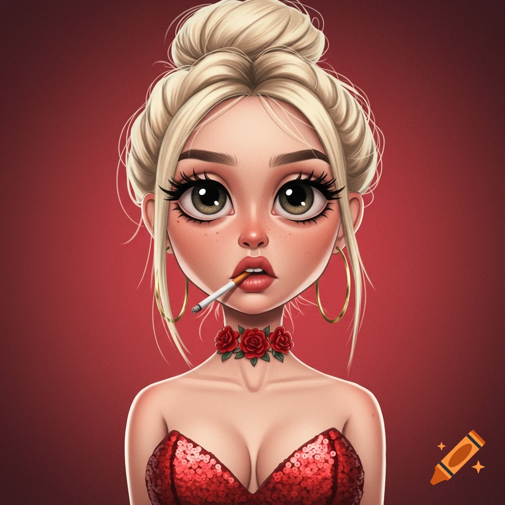 Cartoon illustration of a woman with blonde hair in a bun, large eyes, red sequined dress, and a cigarette in her mouth.
