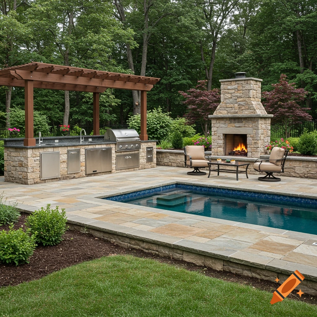 Luxurious backyard with outdoor kitchen, fireplace, pool, and patio.