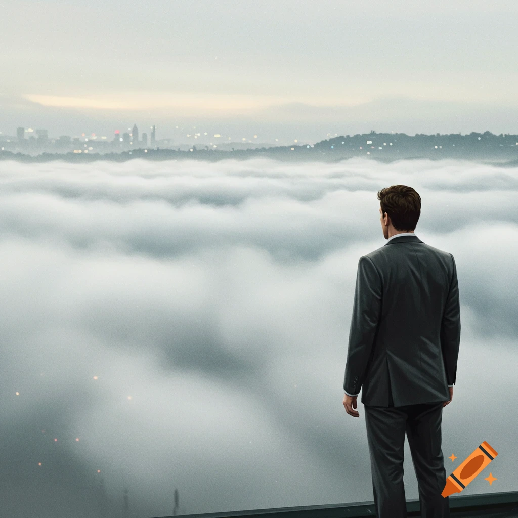 A man in a suit overlooks a foggy city from a height.