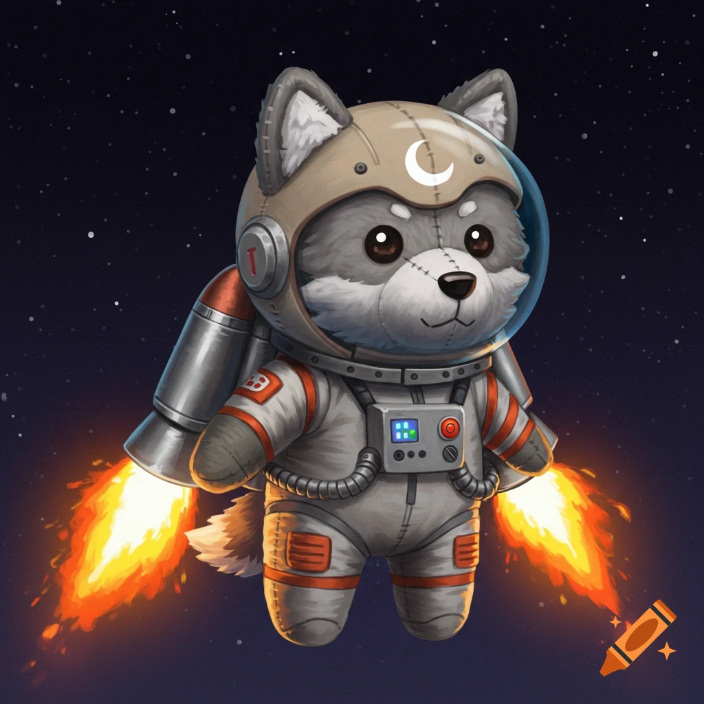 A cute wolf plushie in an astronaut suit with a jetpack flies in space.