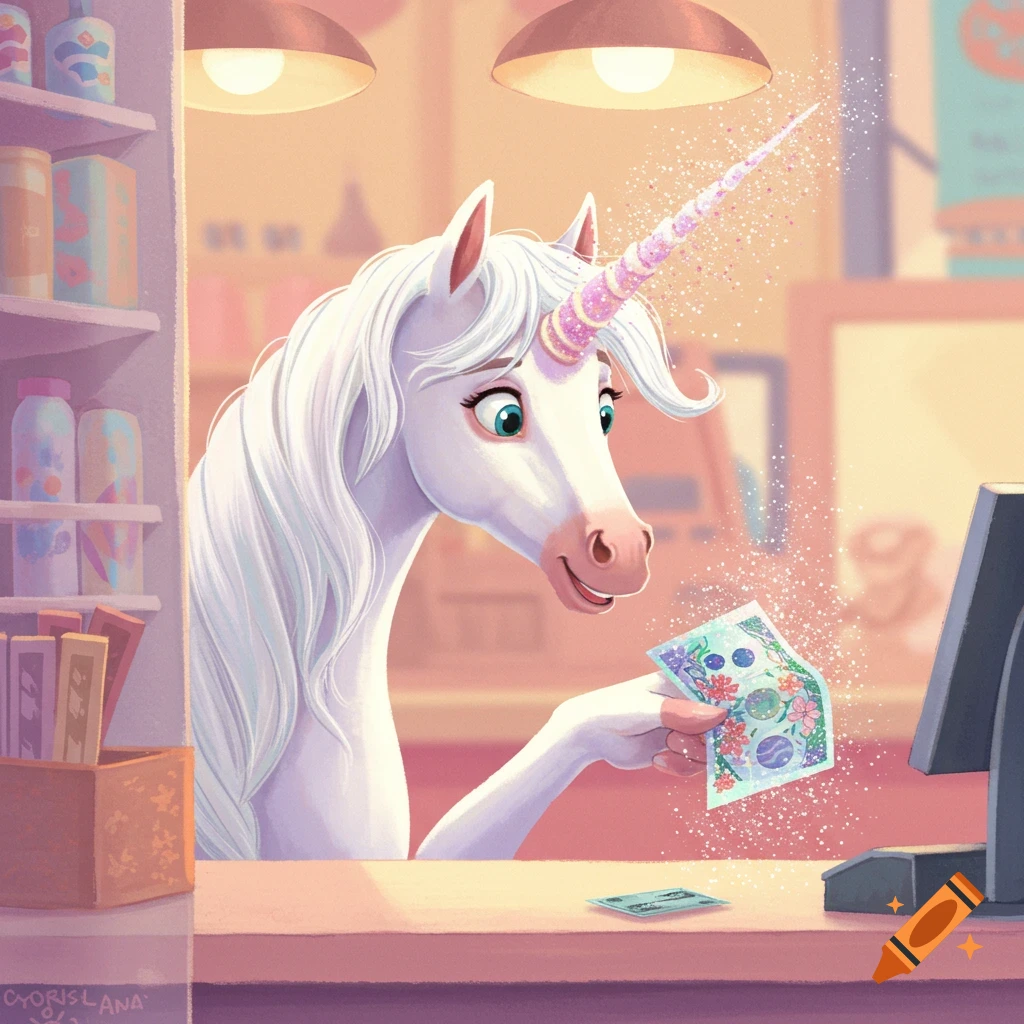 A unicorn paying a bill with sparkling glitter at a counter.