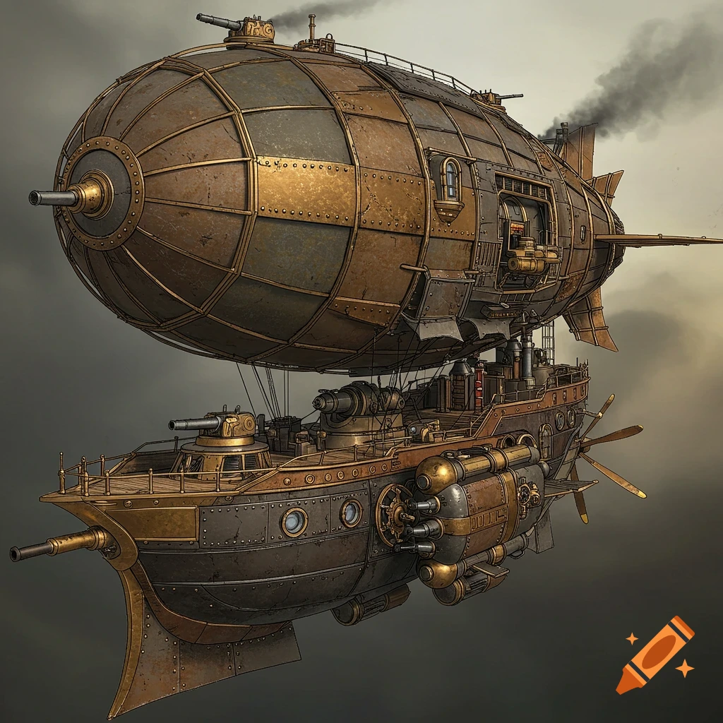Detailed steampunk military airship in video game art style