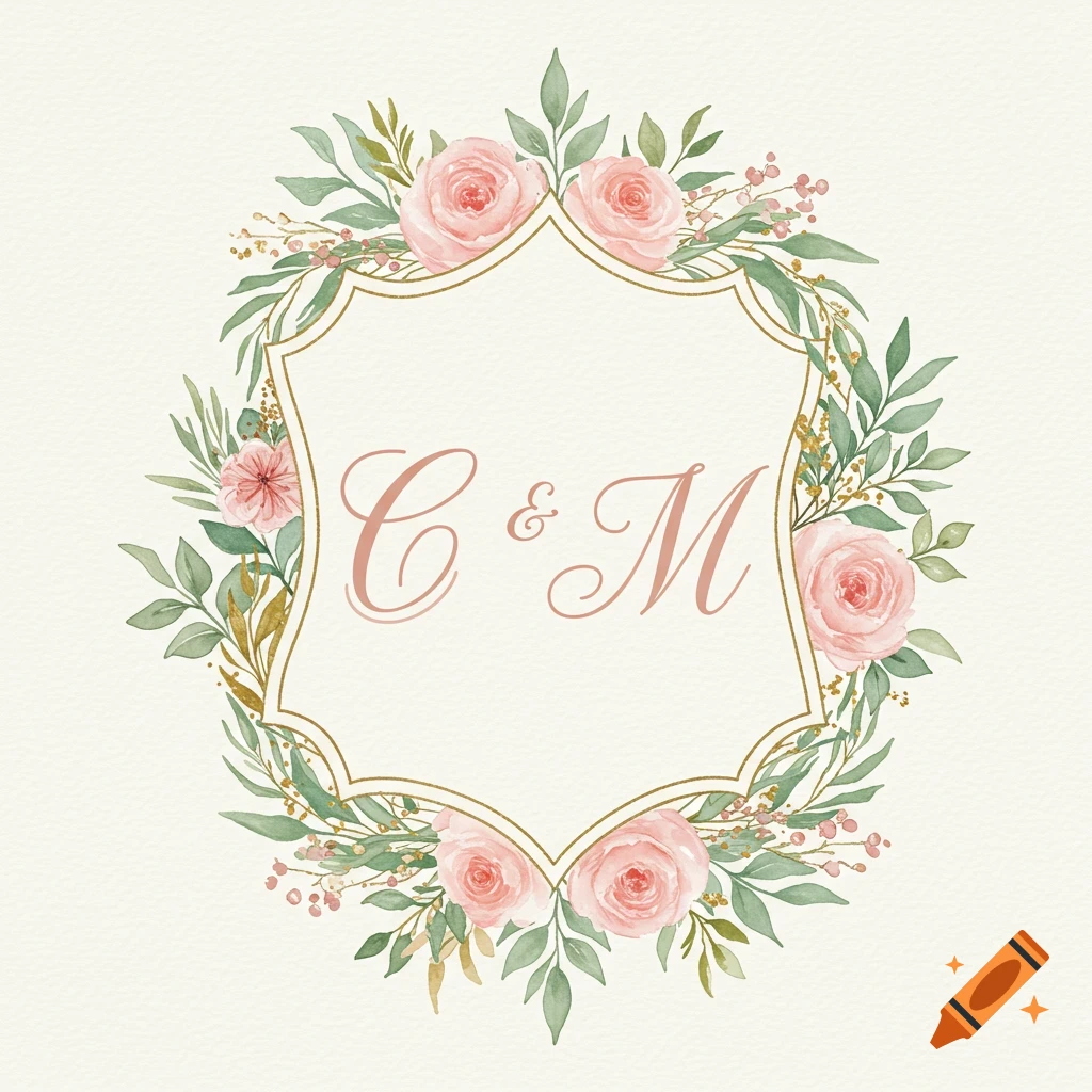 Watercolor wedding crest with intertwined C & M initials, surrounded by pink roses and green foliage.