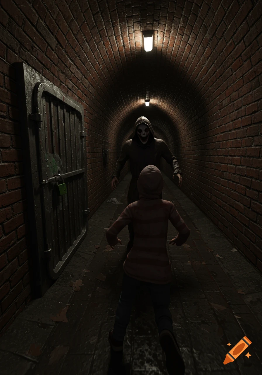 A masked figure in a hood chases a person looking back down a dark brick tunnel.