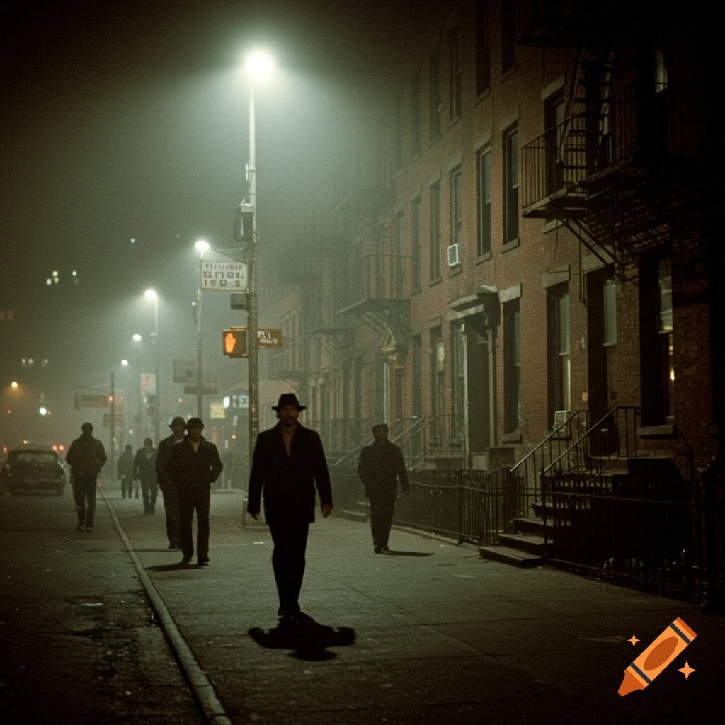 A dark, misty street scene at night with figures walking, reminiscent of the late 1970s or early 1980s.