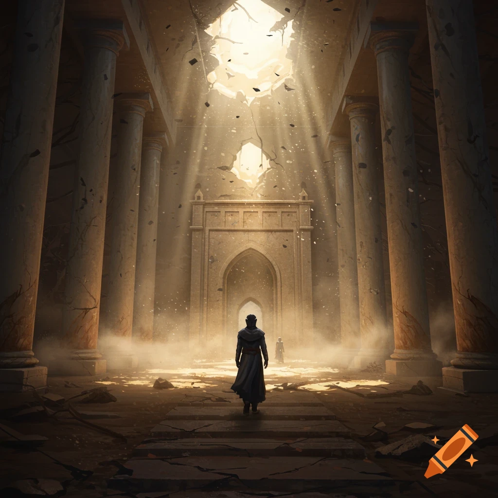 A figure in a cloak walks through the sunlit ruins of a grand hall with tall columns.
