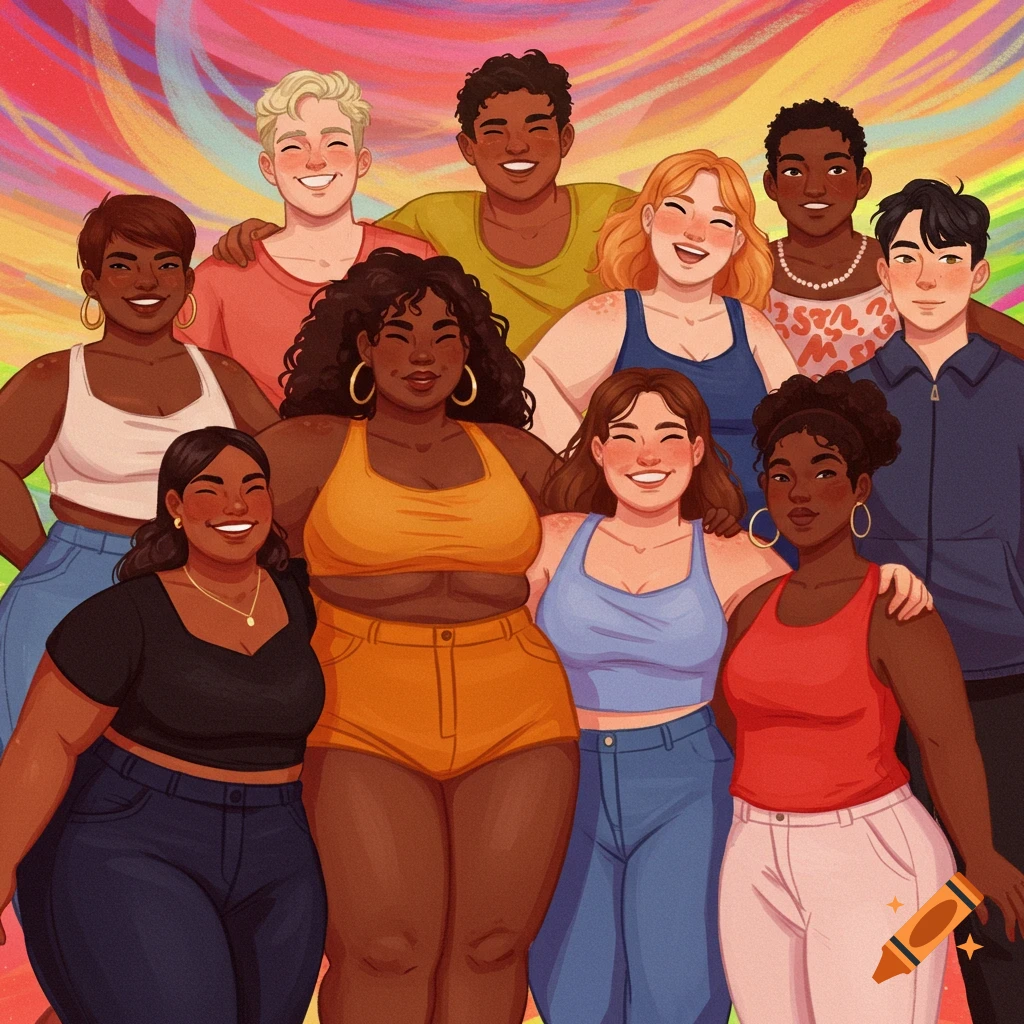 A diverse group of smiling people of various body types embracing against a colorful background.