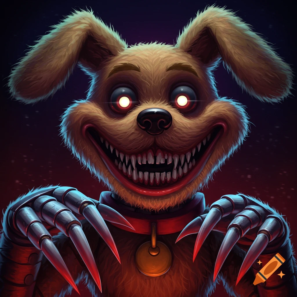 A creepy cartoon dog character with glowing red eyes, a wide grin with sharp teeth, and metallic claws.