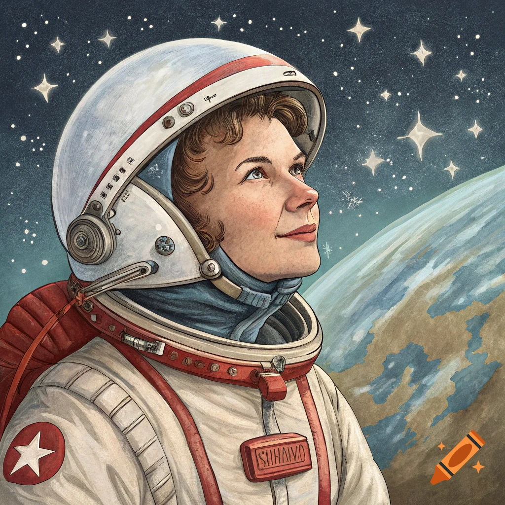 Illustration of a female astronaut looking up at stars and Earth.